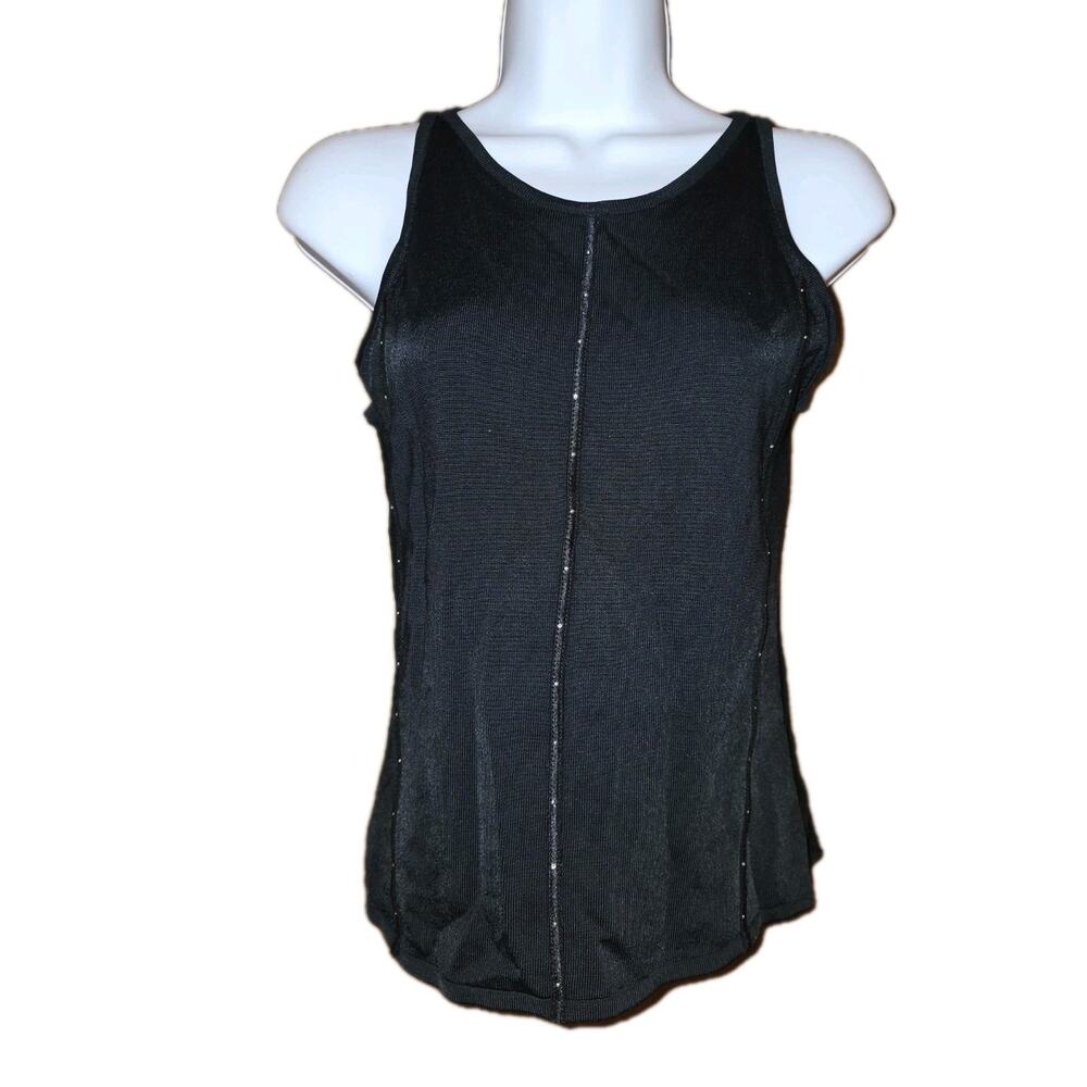 EUC Vintage Yuka Black Tank Top With Rhinestones Sheer Mesh Like Sides Sz Sm‎